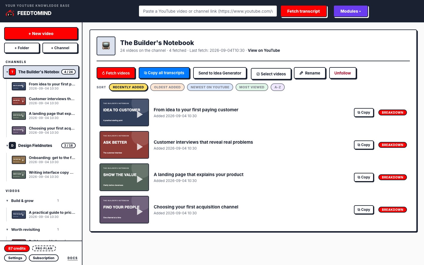 FeedToMind's current interface with a followed channel and its videos. Illustrative demo data.