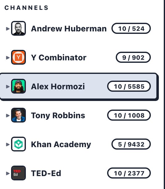 The channel list in FeedToMind: Andrew Huberman, Y Combinator, Alex Hormozi, Tony Robbins, Khan Academy, TED-Ed, each with the number of imported videos.